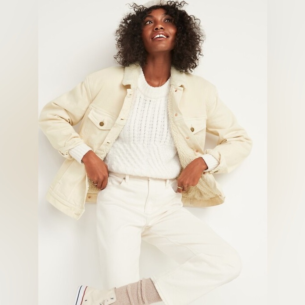 Oversized Sherpa-Lined Boyfriend Off-White Jean Jacket for Women - NWOT
